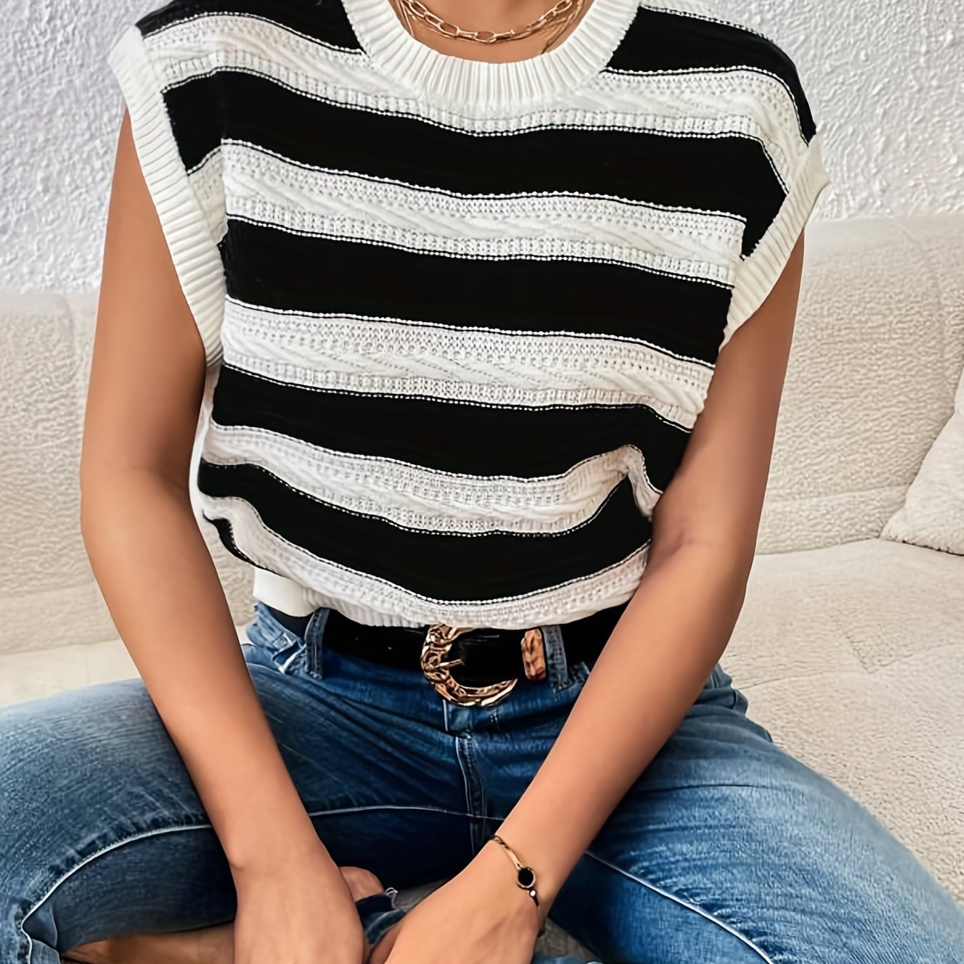 gbolsos  Striped Crew Neck Sweater Vest, Casual Sleeveless Vest For Spring & Fall, Women's Clothing