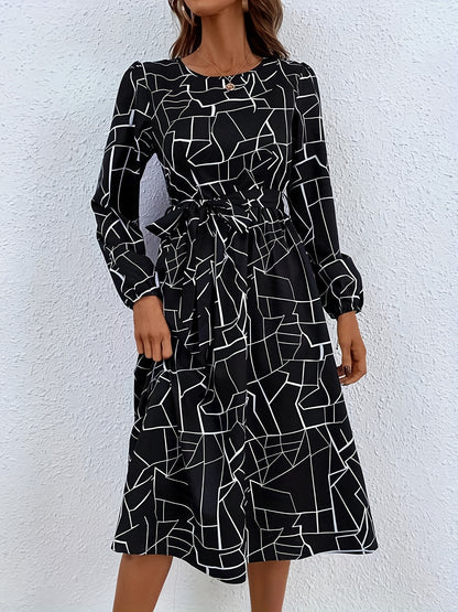 gbolsos  Geo Print Dress, Casual Crew Neck Long Sleeve Midi Dress, Women's Clothing