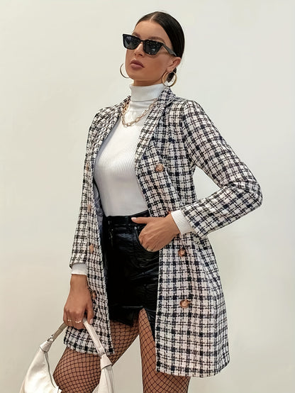 Houndstooth Print Double Breasted Coat, Elegant Long Sleeve Lapel Blazer, Women's Clothing