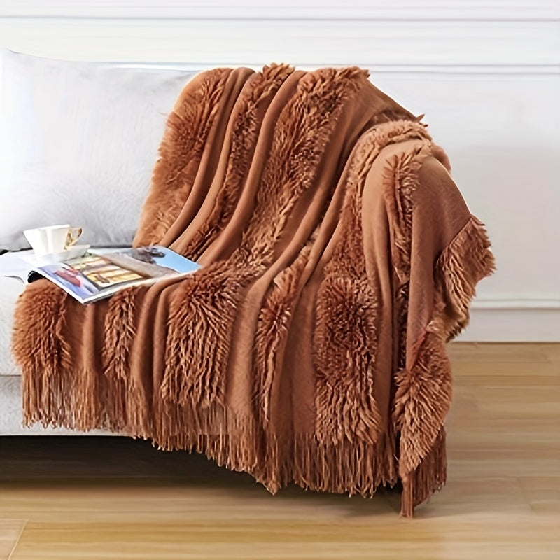 1pc Cozy Chunky Knitted Throw Blanket - Soft Plush Textured, Lightweight, Unique Design, Tassel Accents, Perfect for Couch, Bed, Sofa, Home Decor - Winter Warmth, Snuggle Up, Easy Care