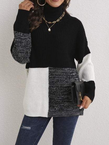 Color Block Drop Shoulder Sweater, Long Sleeve Casual Sweater For Fall & Winter, Women's Clothing