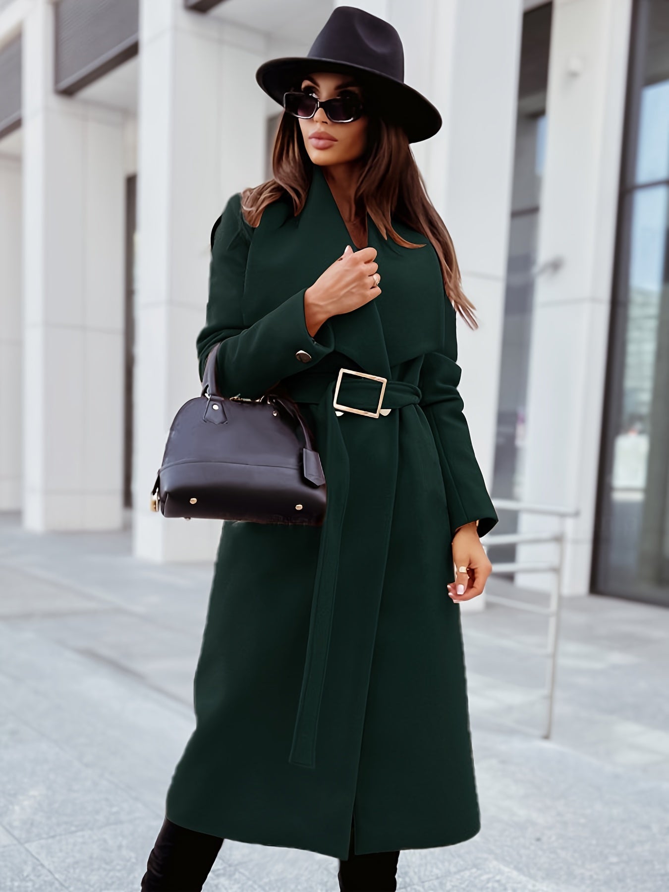 gbolsos  Elegant Lapel Belt Long Coat, Casual Long Sleeve V-neck Fashion Loose Fall Winter Long Outerwear, Women's Clothing