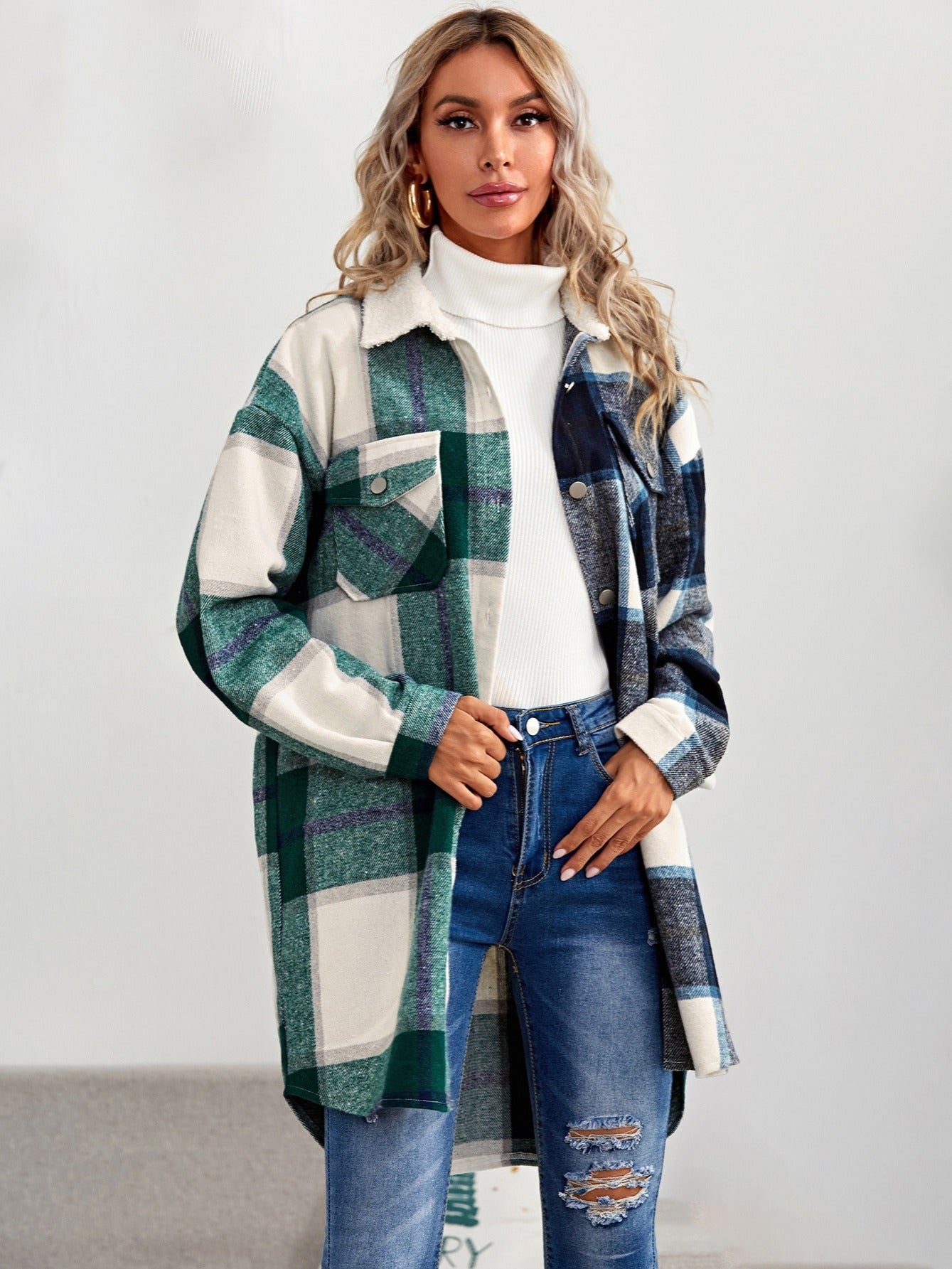 gbolsos  Women's Outerwear Mid Length Plaid Jacket Lounge Lapel Button Up Long Sleeve Plaid Long Shirt Spring Coat