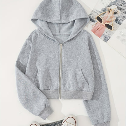 Zip Up Crop Hoodies, Long Sleeve Sports Casual Sweatshirt, Women's Clothing