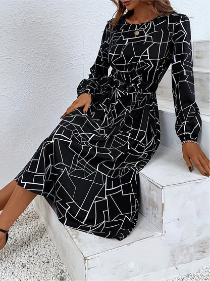 gbolsos  Geo Print Dress, Casual Crew Neck Long Sleeve Midi Dress, Women's Clothing