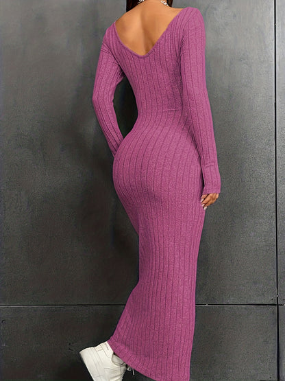 Ribbed Backless Dress, Casual Long Sleeve Bodycon Dress, Women's Clothing