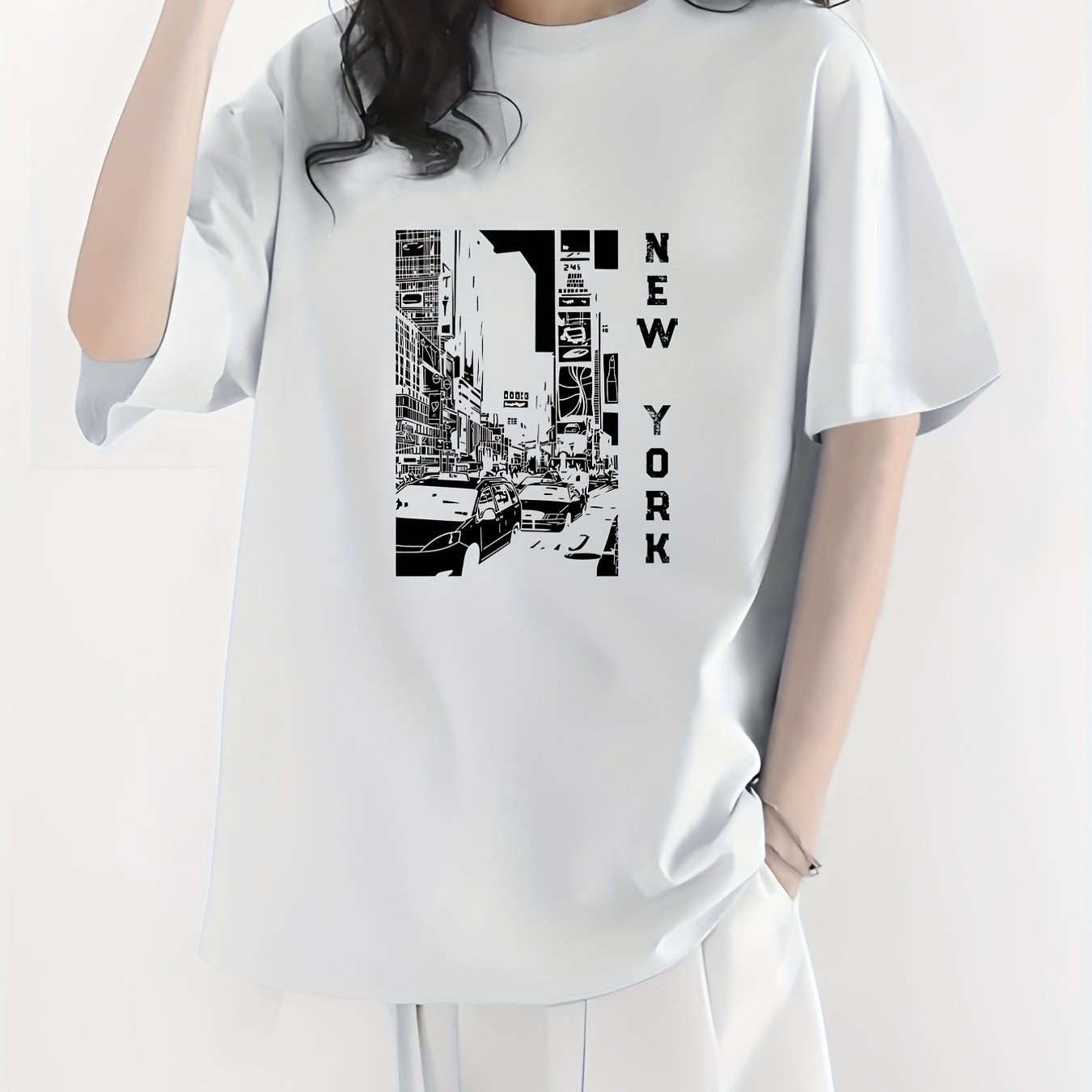 gbolsos  City View & New York Letter Print Crew Neck Casual T-Shirt, Solid Color Short Sleeve Fashion Pullover Top, Women's Clothing