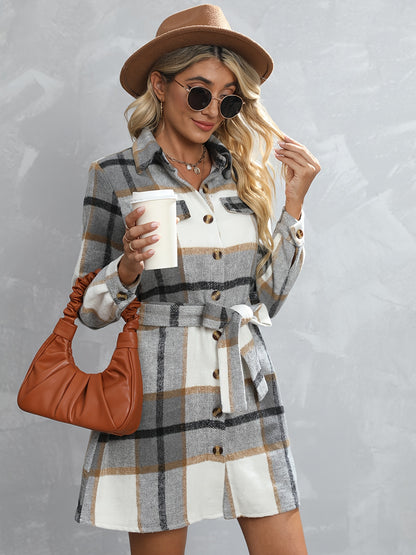 gbolsos  Button Plaid Tie Waist Jacket, Casual Long Sleeve Jacket For Fall & Winter, Women's Clothing