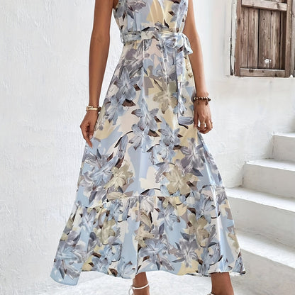 Floral Print Ruched Dress, Boho Sleeveless Ruffle Maxi Dress, Women's Clothing