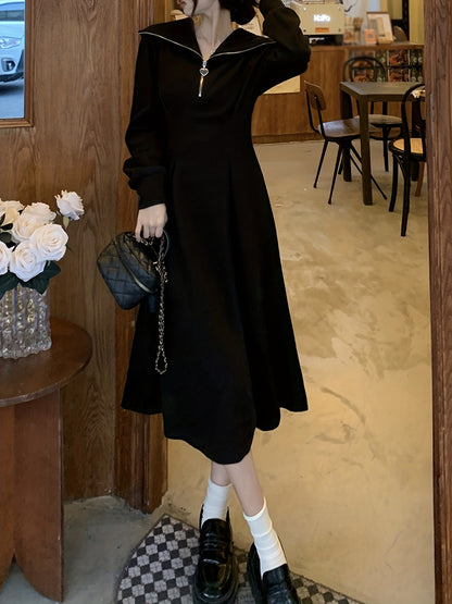 Zipper Midi Dress, Casual Solid Long Sleeve A Line Dress, Women's Clothing