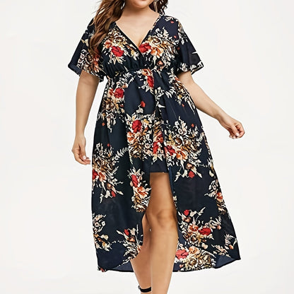 Plus Size Elegant Dress, Women's Plus Floral Print Short Sleeve V Neck Layered Hem Dress