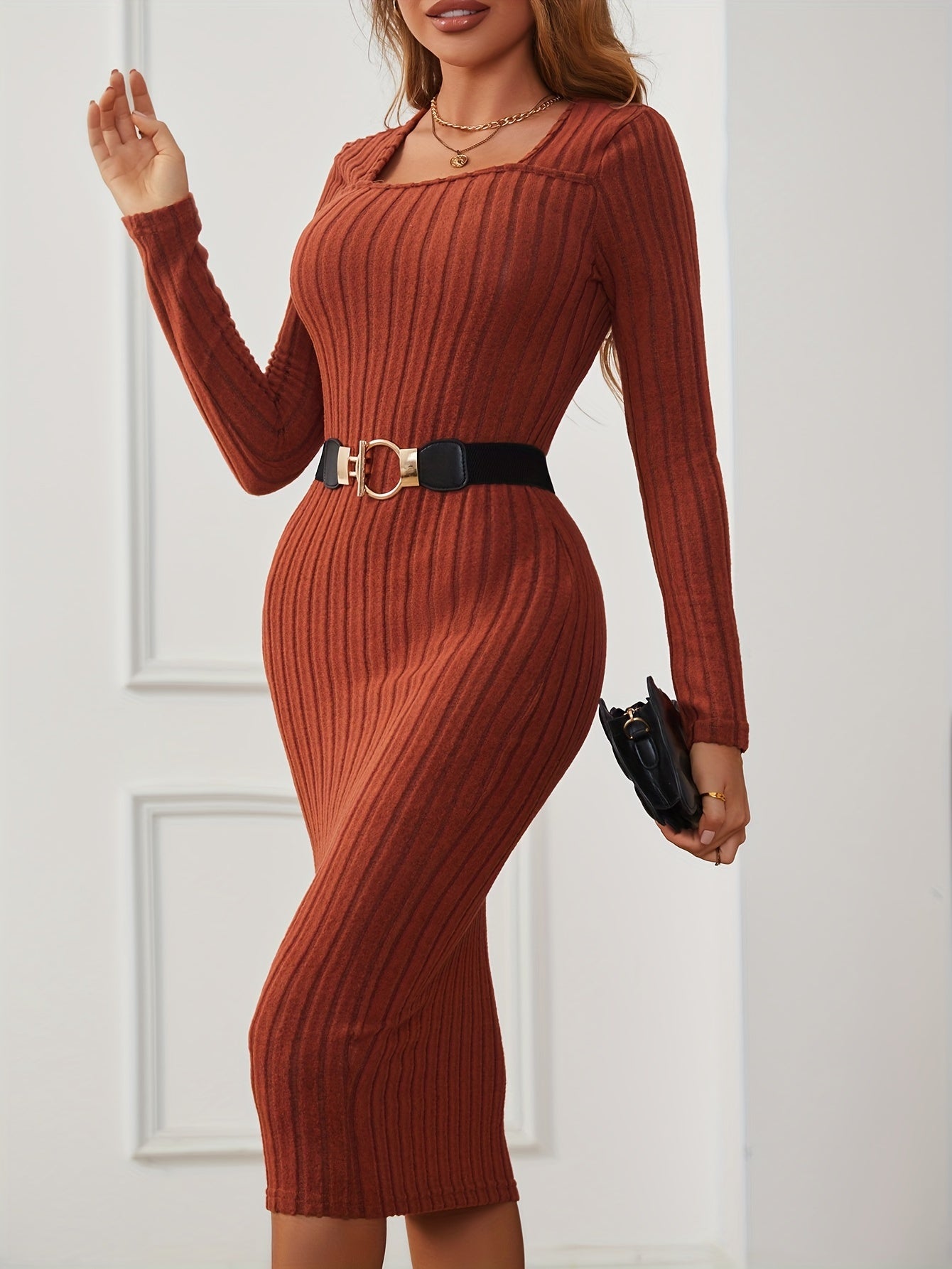 Ribbed Squared Neck Dress, Casual Long Sleeve Bodycon Dress, Women's Clothing