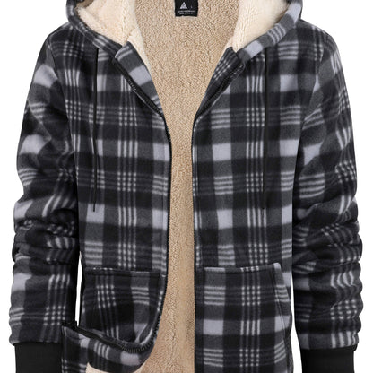 gbolsos  Warm Thick Fleece Plaid Jacket, Men's Casual Elegant Hooded Coat For Fall Winter