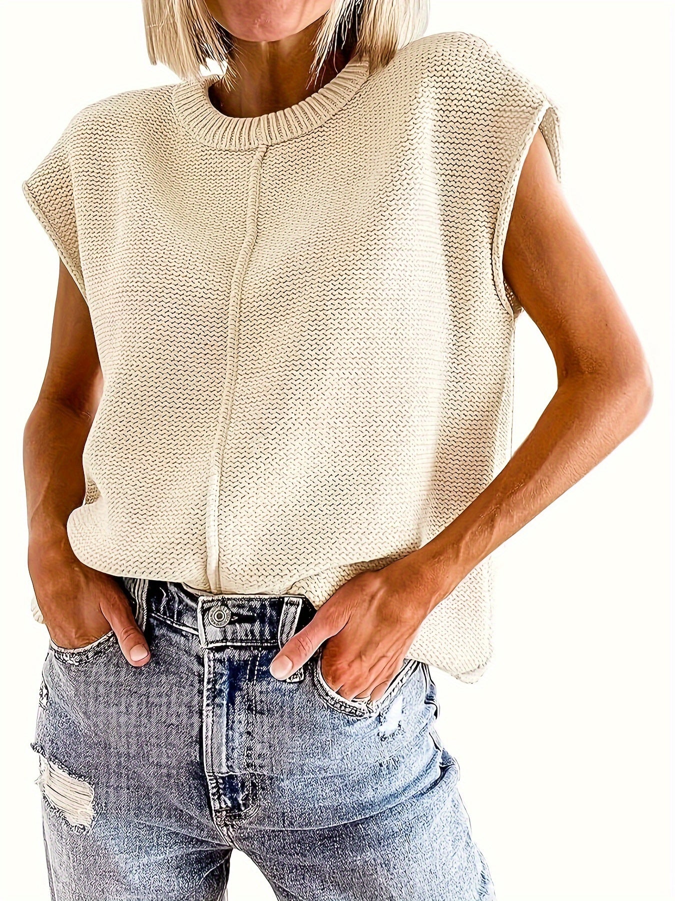 gbolsos Solid Crew Neck Sweater Vest, Casual Sleeveless Vest For Spring & Fall, Women's Clothing