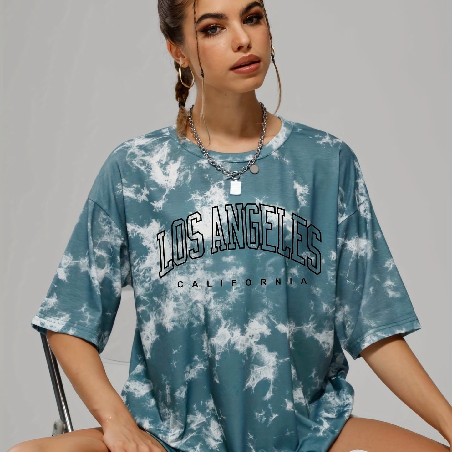 gbolsos  Tie Dye & Letter Graphic Tee, Casual Loose Crew Neck T-shirts, Women's Clothing