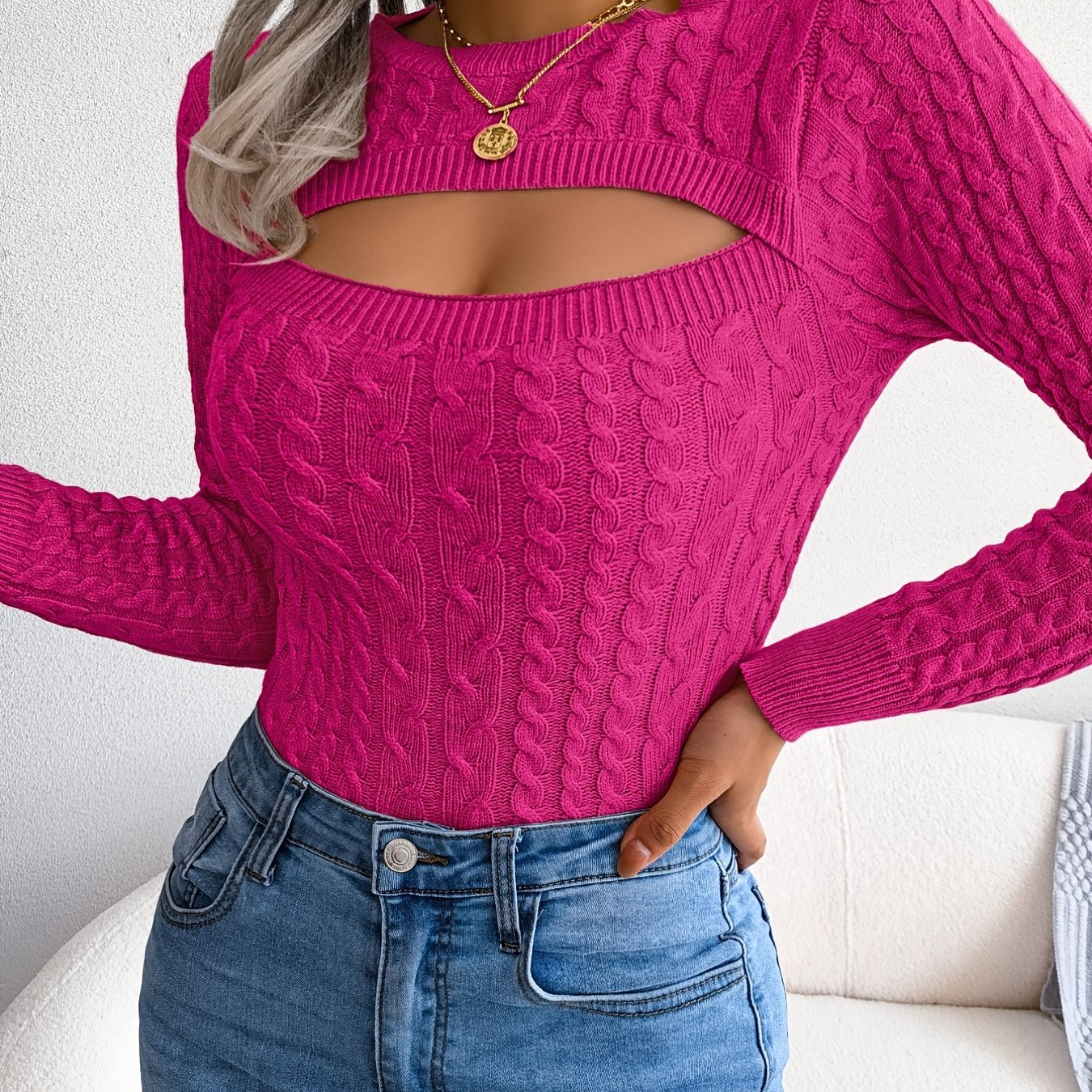 Hollow Twist Knit Sweater Casual Solid Crew Neck Slim Long Sleeve Bottoming Fall Winter Sweater Women's Clothing