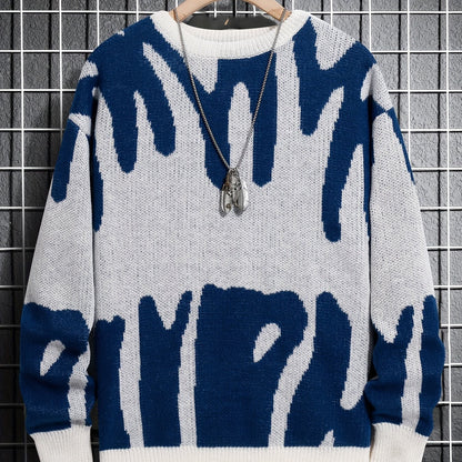 gbolsos  Men's Knitted Abstract Graphic Sweater - Casual, Warm, and Stretchy Pullover for Fall and Winter