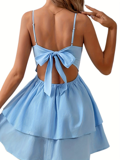 gbolsos  Layered Bow Tie Dress, Elegant Spaghetti Strap Solid Mini Dress, Women's Clothing