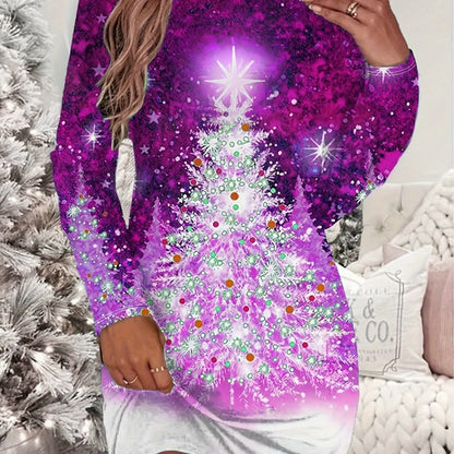 gbolsos Christmas Tree Print Crew Neck T-shirt, Casual Long Sleeve Top For Spring & Fall, Women's Clothing