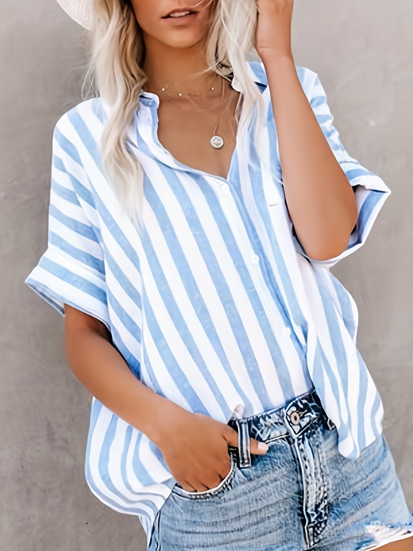 gbolsos  Button Up Striped Shirt, Loose Casual Top For Spring & Summer, Women's Clothing