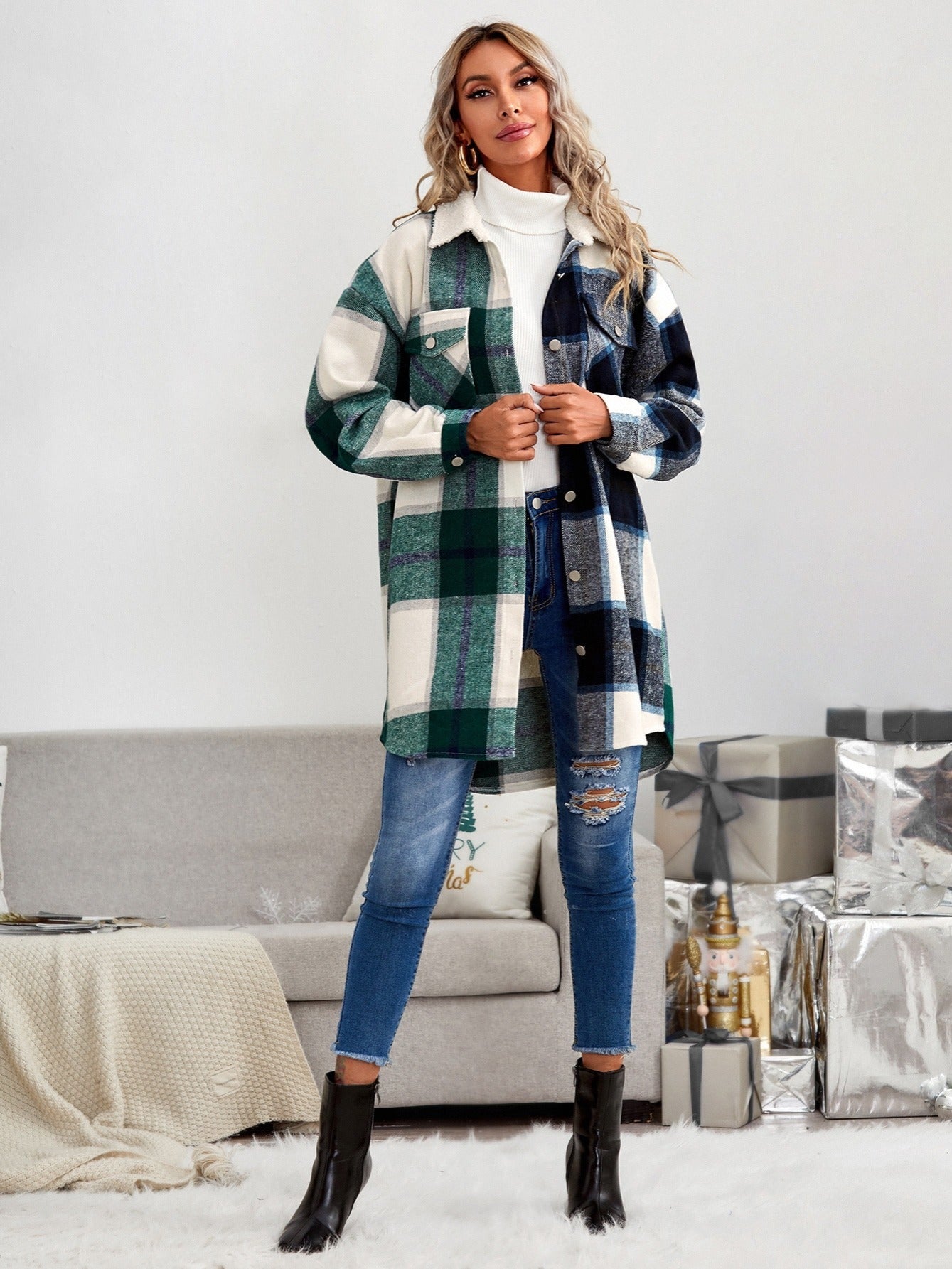 gbolsos  Women's Outerwear Mid Length Plaid Jacket Lounge Lapel Button Up Long Sleeve Plaid Long Shirt Spring Coat