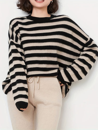 gbolsos  Striped Crew Neck Wool Sweater, Vintage Long Sleeve Loose Sweater, Women's Clothing