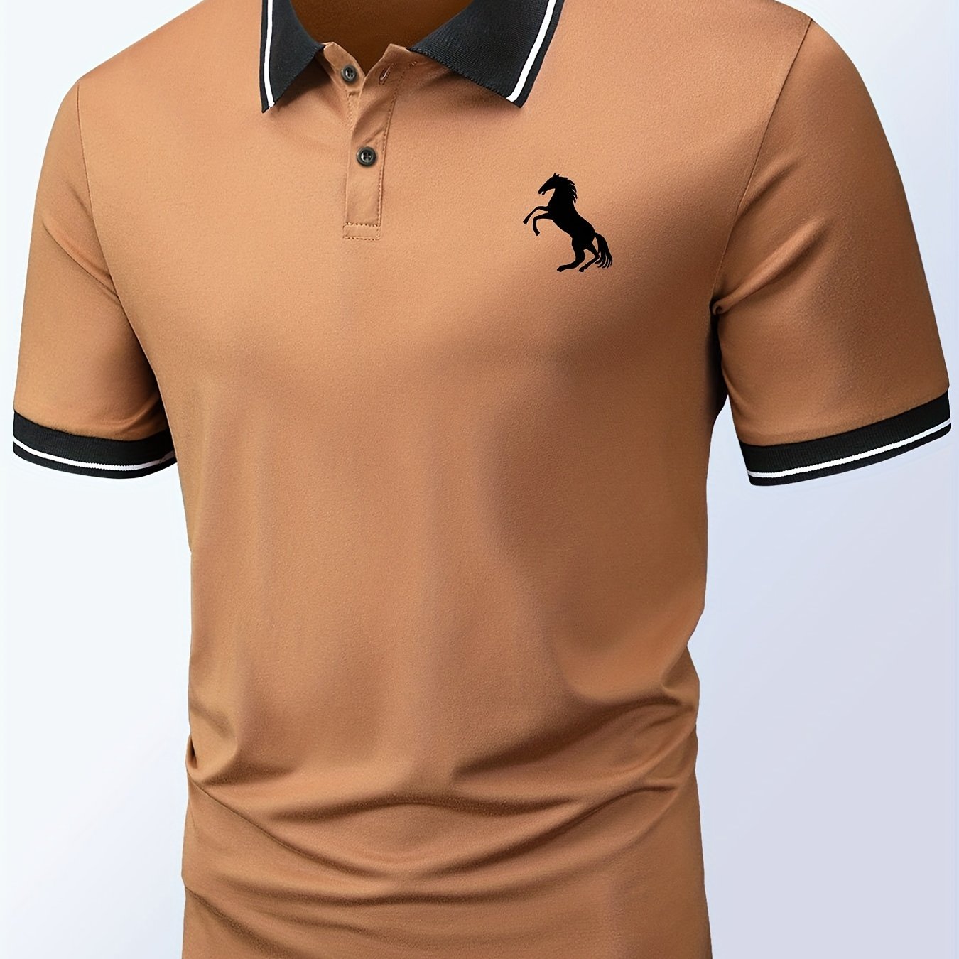 Horse Pattern Casual Slightly Stretch Button Front Short Sleeve Polo Shirt, Men's Clothes For Summer