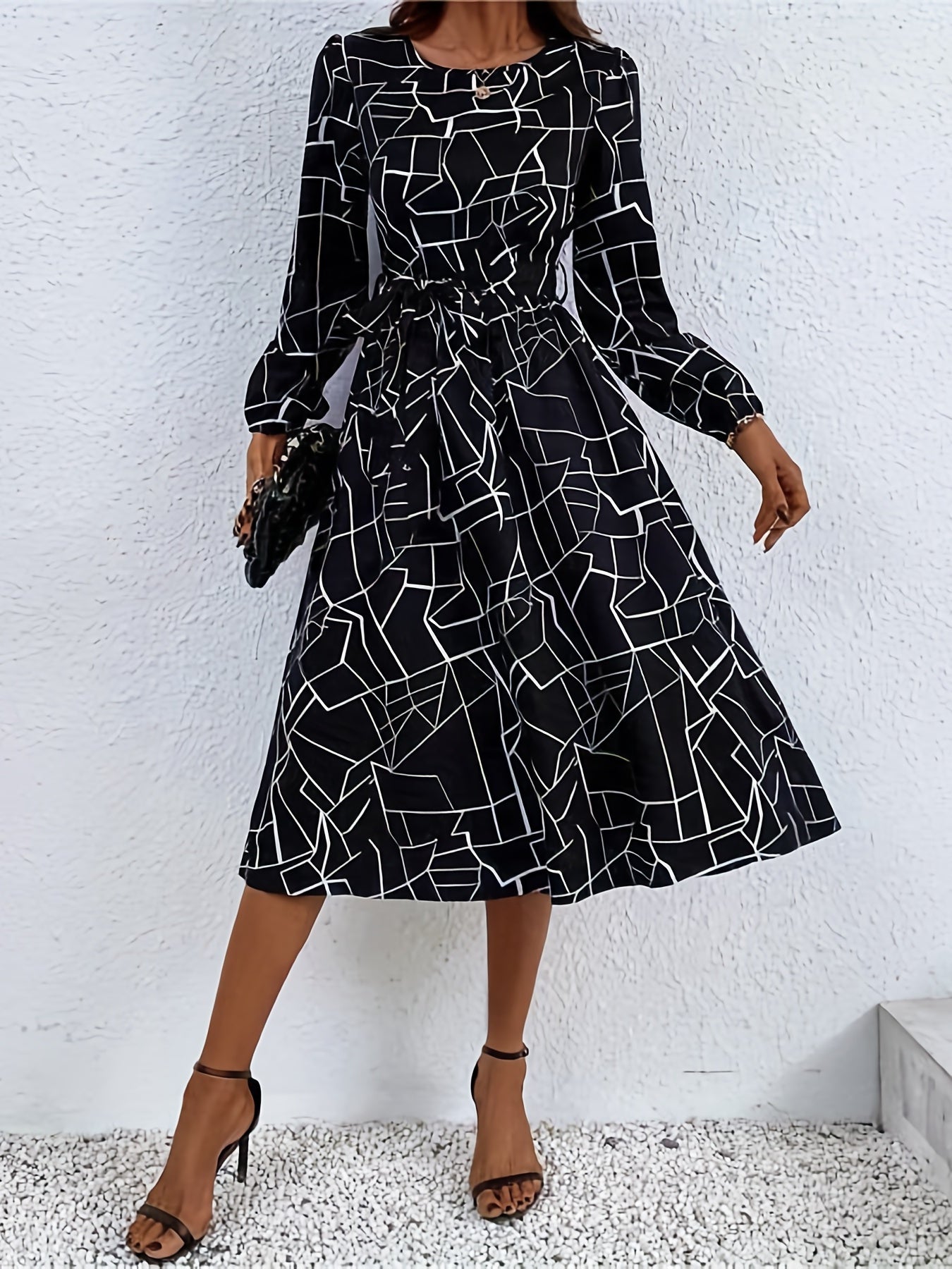 gbolsos  Geo Print Dress, Casual Crew Neck Long Sleeve Midi Dress, Women's Clothing