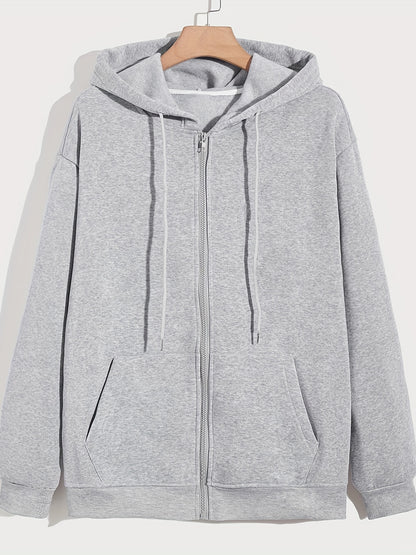 Zip Up Drawstring Hoodie, Pocket Casual Hooded Sweatshirt For Winter & Fall, Women's Clothing