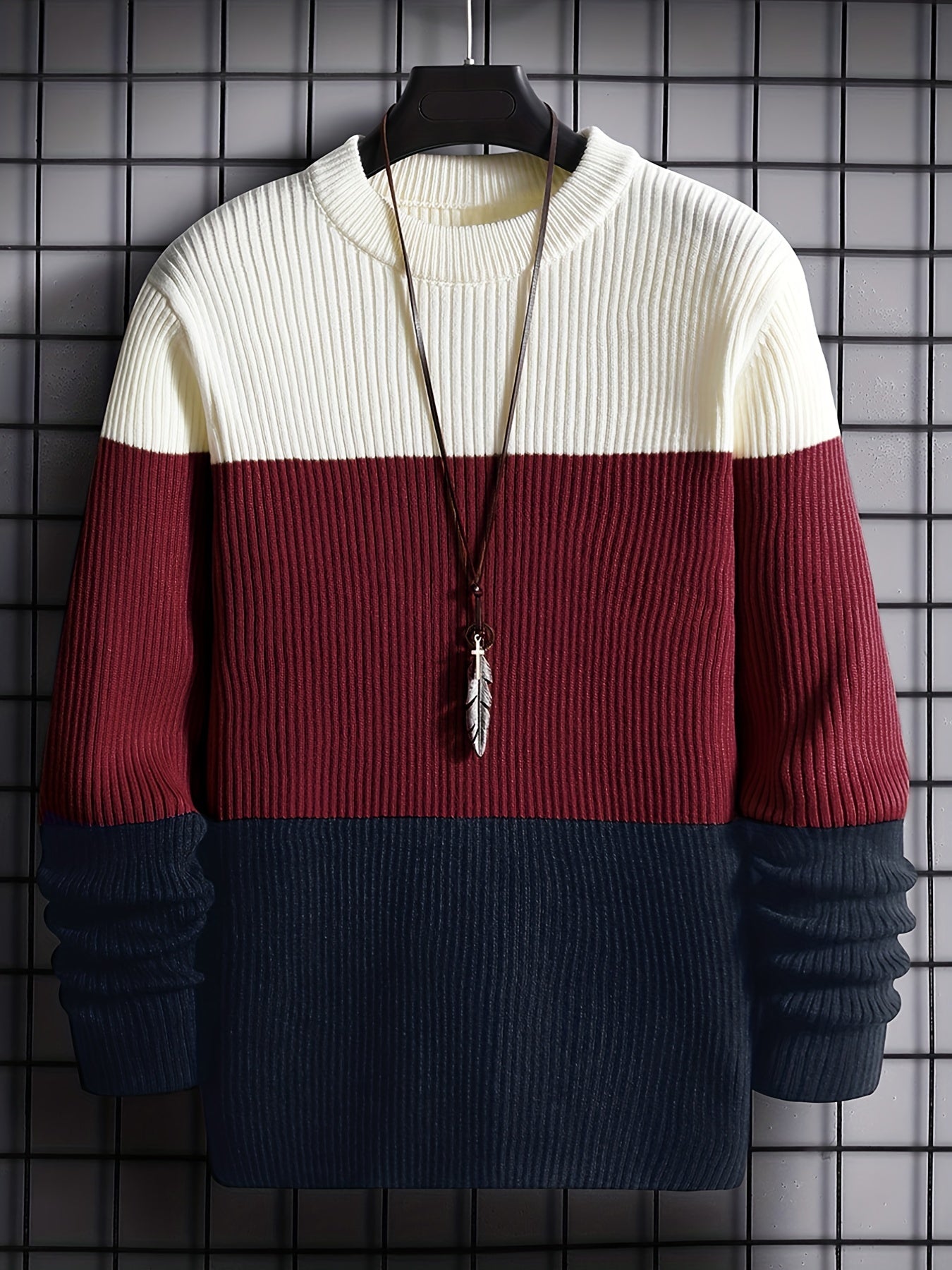 Stylish Men's Color Block Knit Sweater with Comfortable Crew Neck