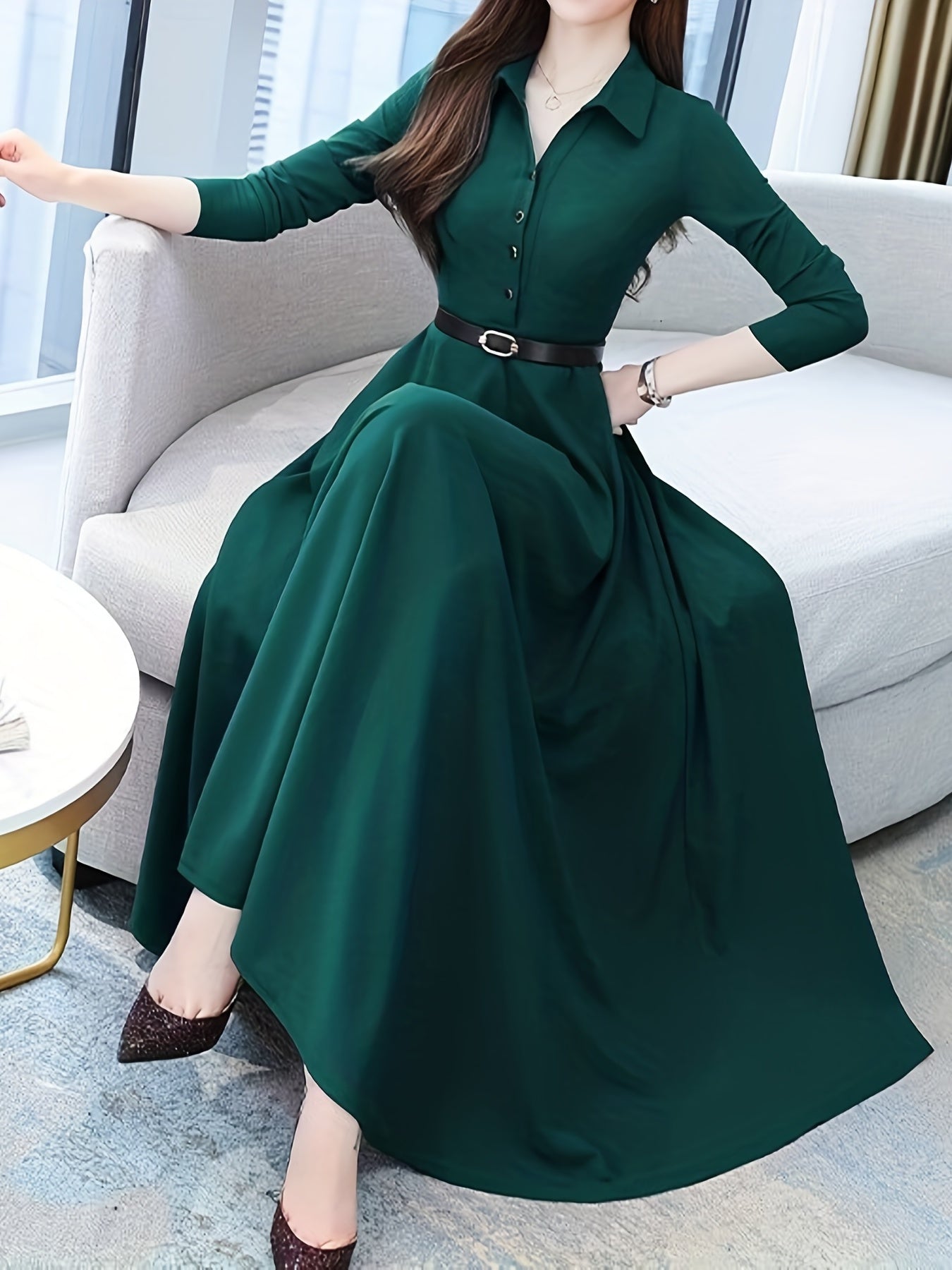 gbolsos  Solid Buttons Dress, Vintage High Waist Long Sleeve Pleated Dress, Women's Clothing