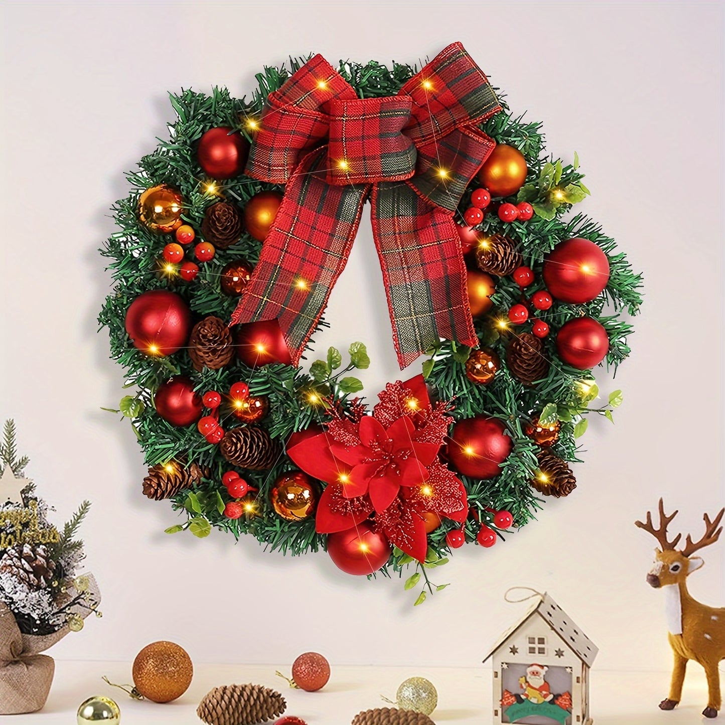 15.74" Elegant Christmas Wreath with Pine Cones & Red Berries - Perfect for Holiday Decor, Wall Hanging, No Power Needed, Ideal for Home & Office Festive Atmosphere