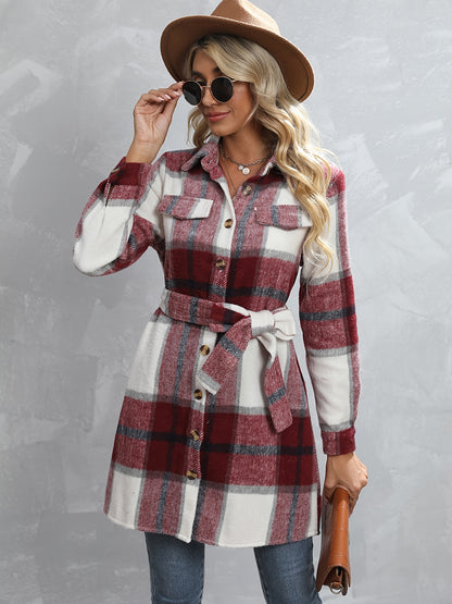 gbolsos  Button Plaid Tie Waist Jacket, Casual Long Sleeve Jacket For Fall & Winter, Women's Clothing