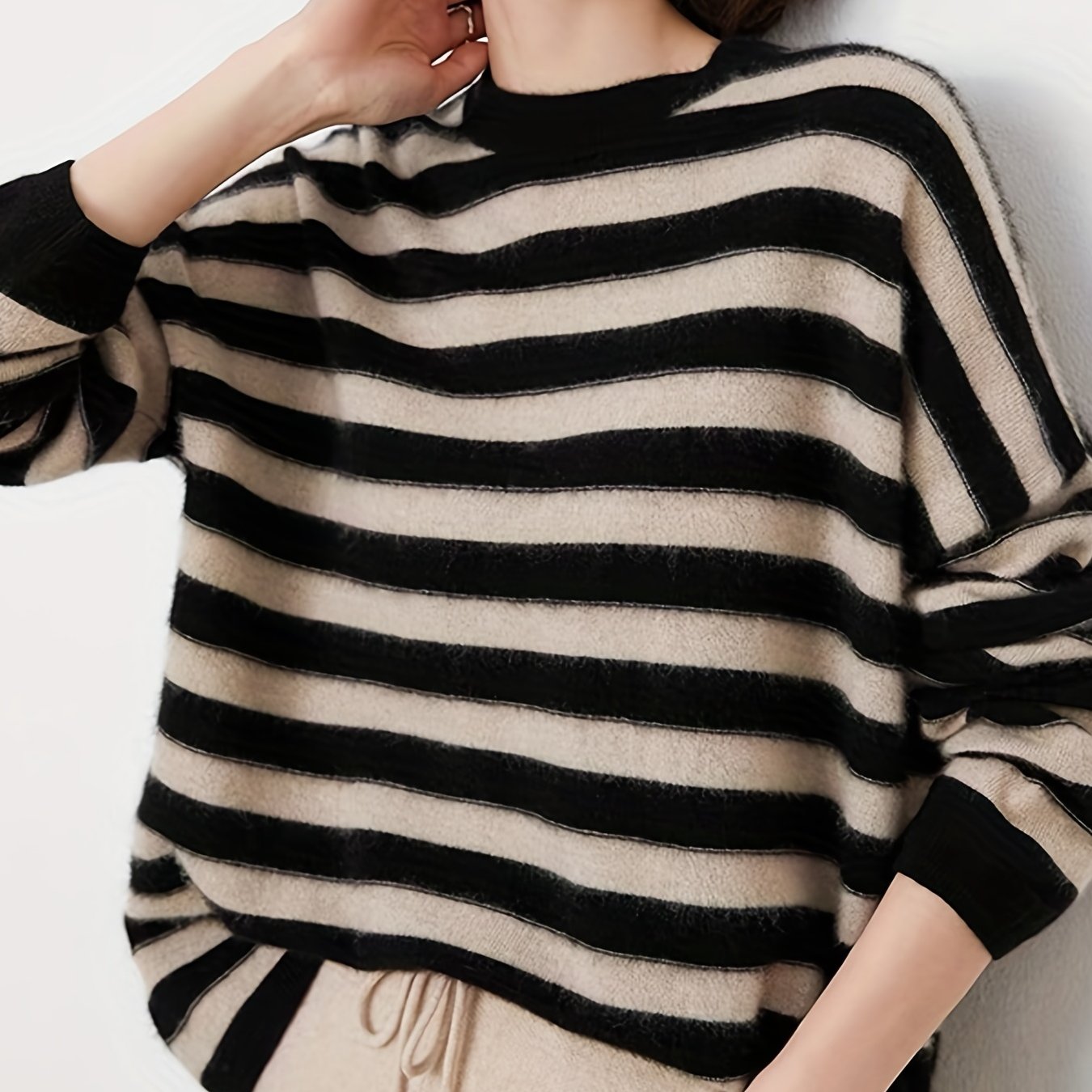 gbolsos  Striped Crew Neck Wool Sweater, Vintage Long Sleeve Loose Sweater, Women's Clothing