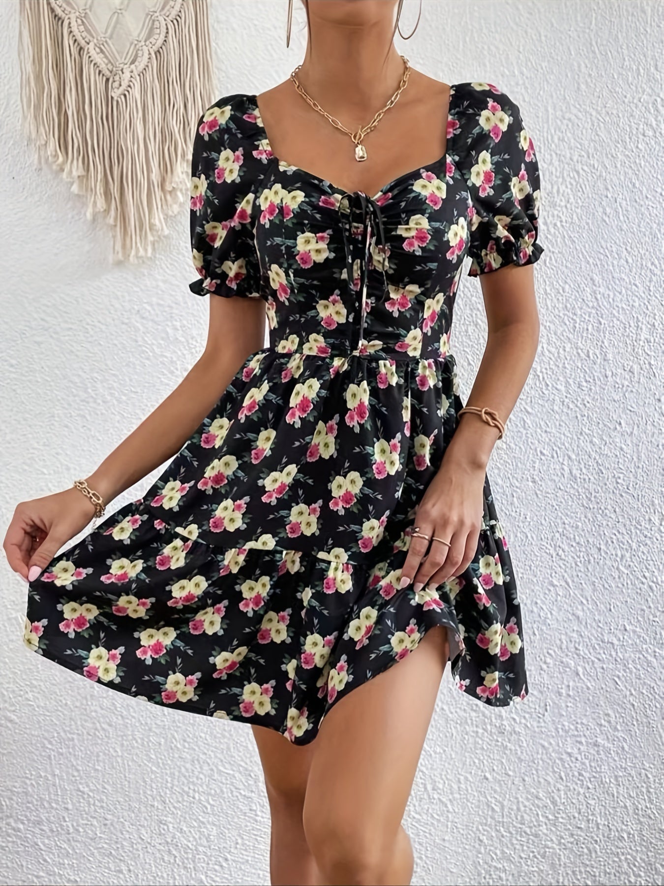 gbolsos  Floral Print Drawstring Ruched Dress, Sexy Short Sleeve Dress For Spring & Summer, Women's Clothing