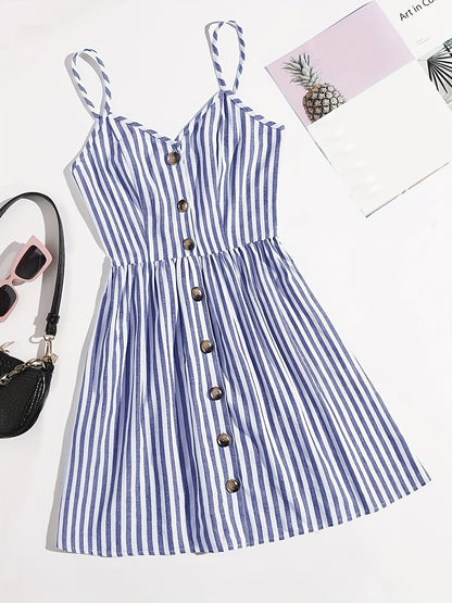 Striped Print Spaghetti Strap Dress, Casual V Neck Button Front Slim Waist Dress, Women's Clothing