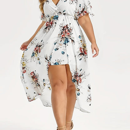 Plus Size Elegant Dress, Women's Plus Floral Print Short Sleeve V Neck Layered Hem Dress