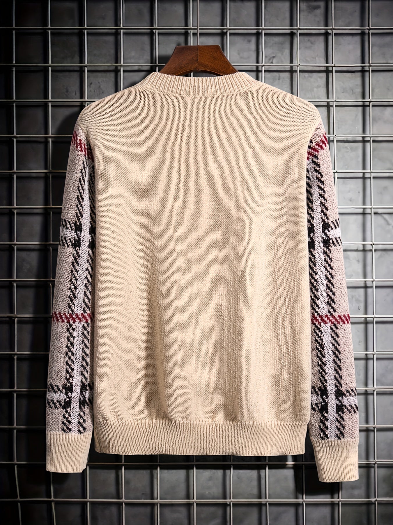 gbolsos  Crew Neck Knitted Sweater, Men's Casual Warm Color Block Plaid Sleeves Slightly Stretch Pullover Sweater For Fall Winter