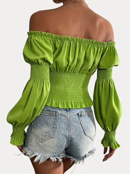 gbolsos  Lettuce Trim Off Shoulder Blouse, Sexy Solid Puff Sleeve Shirred Blouse, Women's Clothing