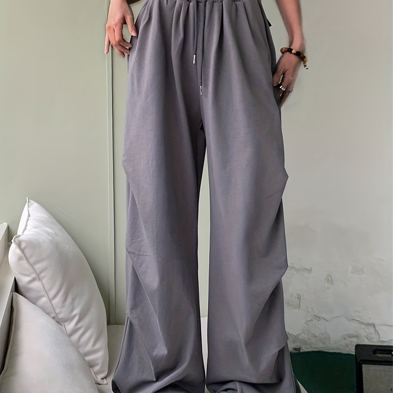 gbolsos  Solid Color Wide Leg Cargo Pants, Y2K Pants For Spring & Summer, Women's Clothing