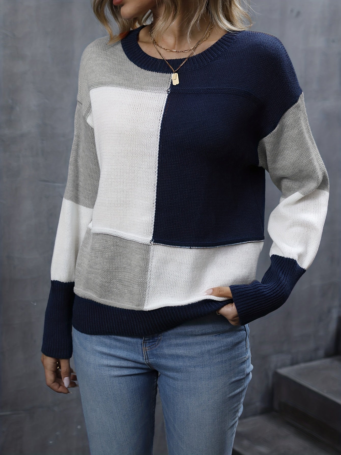 Color Block Simple Knit Sweater, Crew Neck Casual Long Sleeve Sweater, Women's Clothing