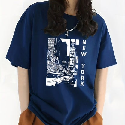 gbolsos  City View & New York Letter Print Crew Neck Casual T-Shirt, Solid Color Short Sleeve Fashion Pullover Top, Women's Clothing