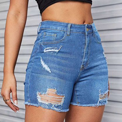 gbolsosBlue Raw Hem Denim Shorts, Slim Fit Ripped Distressed High-Stretch Short Denim Pants, Women's Denim Jeans & Clothing