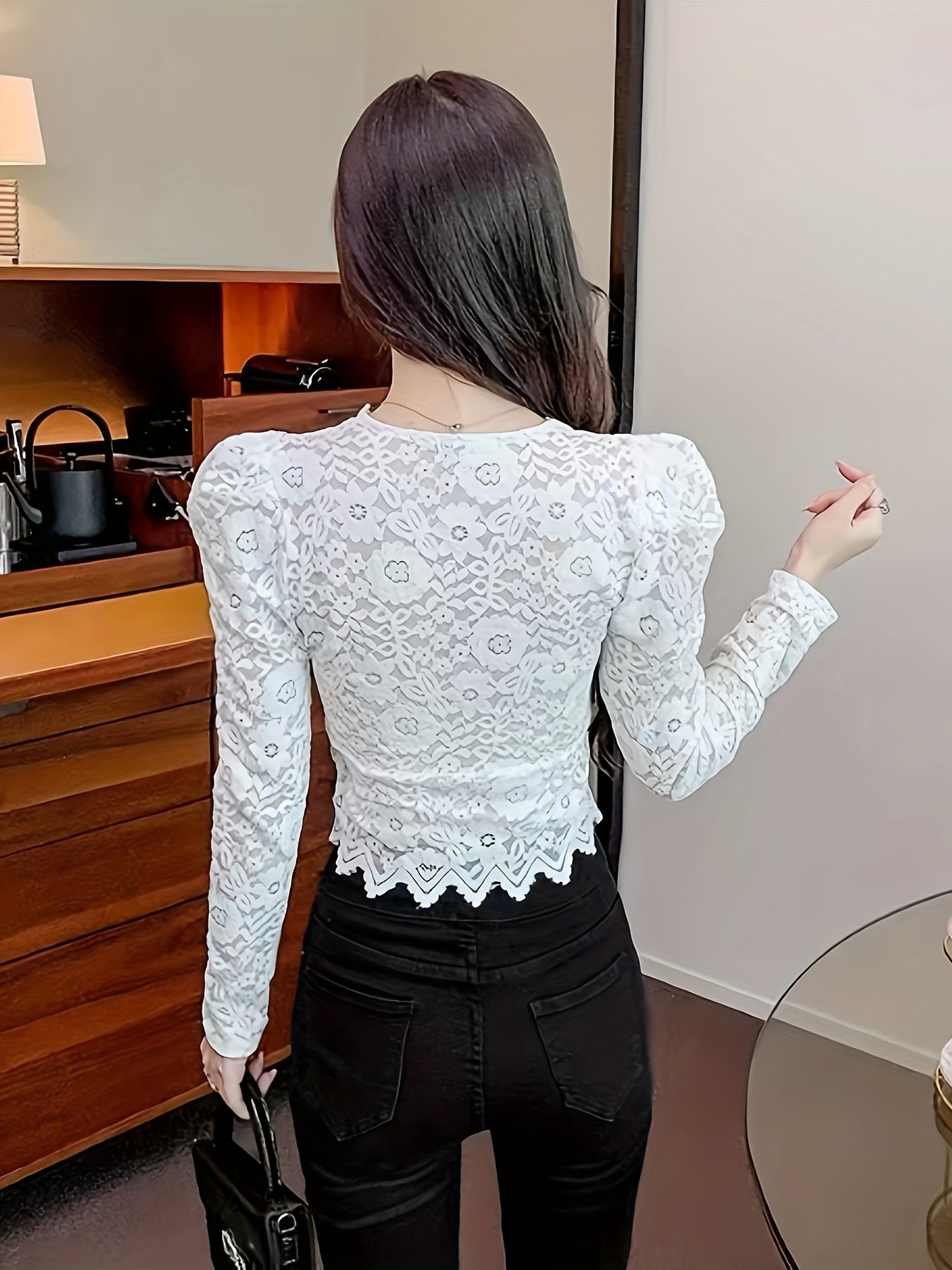 gbolsos  Floral Pattern Heart Button Decor Lace T-Shirt, Elegant V Neck Long Sleeve Top For Spring & Fall, Women's Clothing