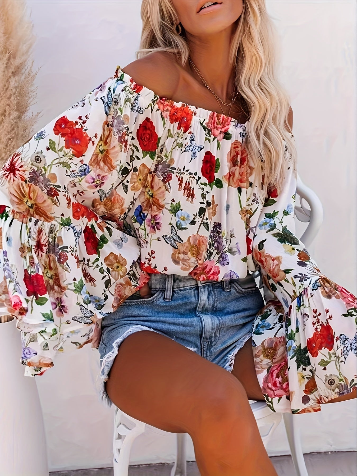 gbolsos  Vintage Floral Print Blouse, Vacation Off Shoulder Flared Sleeve Blouse, Women's Clothing