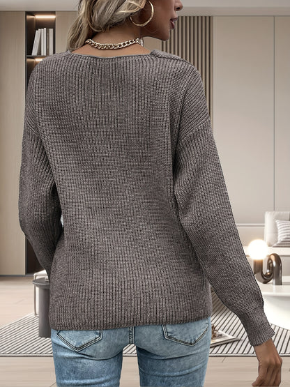 Surplice Neck Knitted Pullover Top, Casual Long Sleeve Sweater For Fall & Winter, Women's Clothing