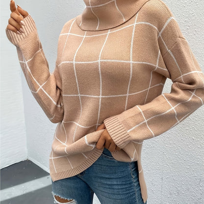 Plaid Pattern Turtleneck Knitted Pullover Top, Casual Long Sleeve Sweater For Fall & Winter, Women's Clothing