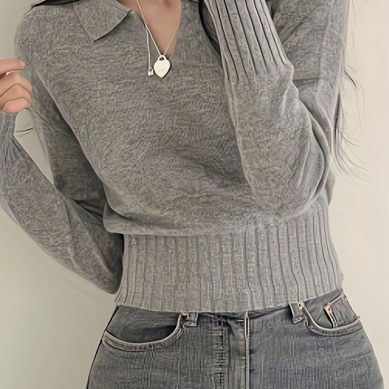 Solid Notched  Collar Pullover Sweater, Casual Long Sleeve Crop Sweater For Spring & Fall, Women's Clothing