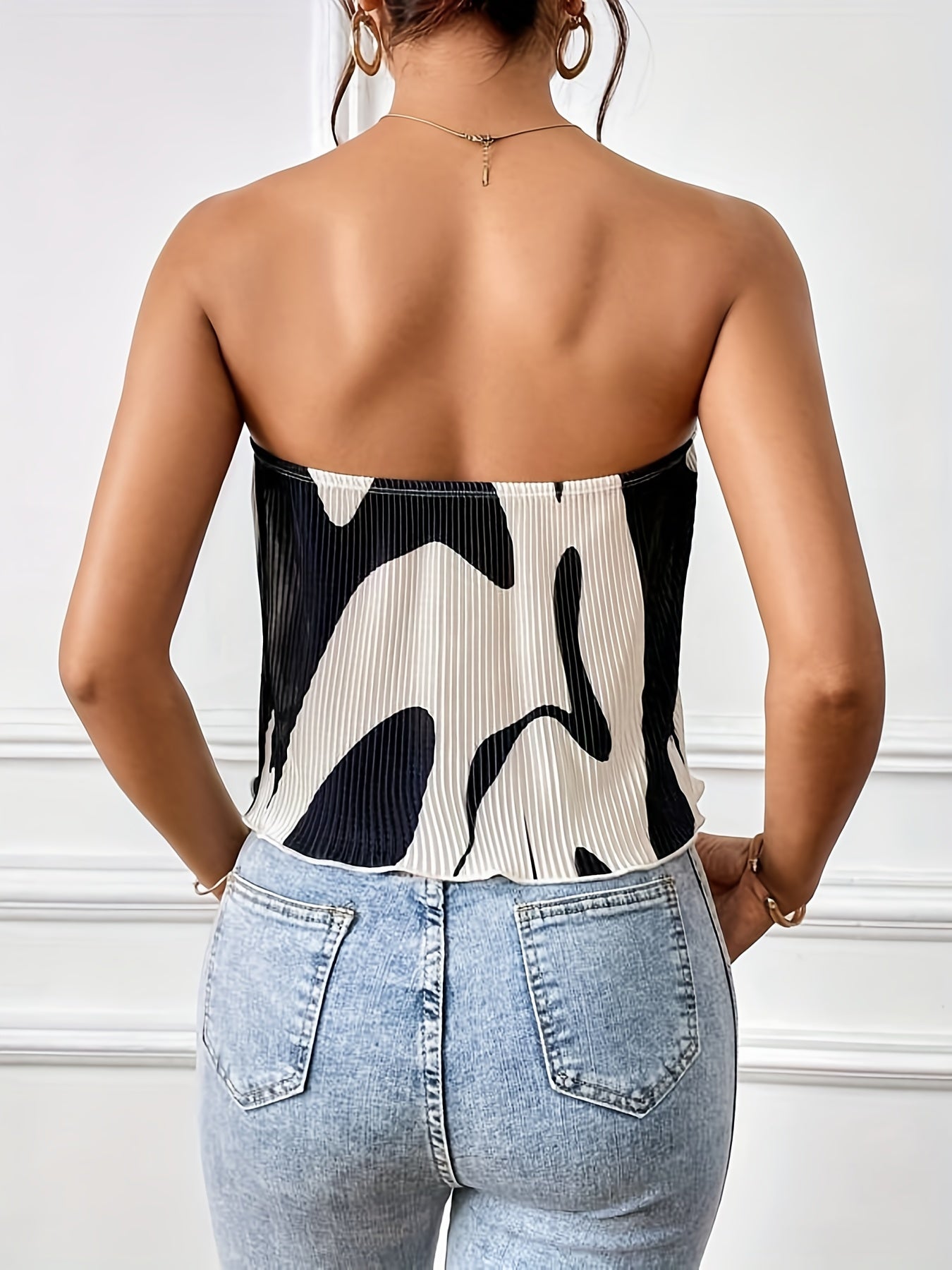 gbolsos  Abstract Print Pleated Tube Top, Sexy Off Shoulder Lettuce Trim Tube Top, Women's Clothing