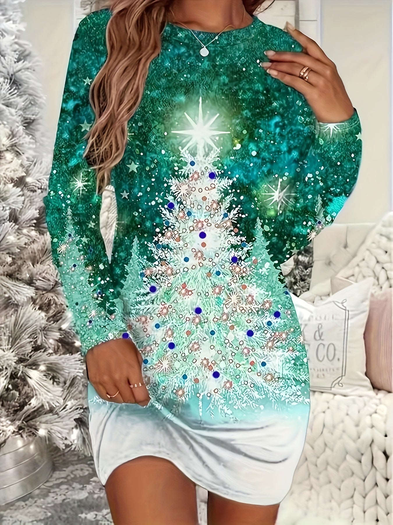 gbolsos Christmas Tree Print Crew Neck T-shirt, Casual Long Sleeve Top For Spring & Fall, Women's Clothing